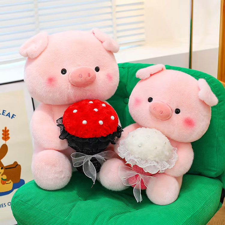 Pink Pig Holding Flowers Plush Toy